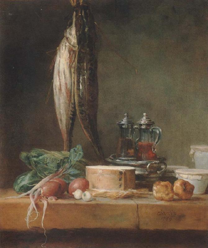 Jean Baptiste Simeon Chardin Style life with fish, Grunzeug, Gougeres shot el as well as oil and vinegar pennant on a table Germany oil painting art